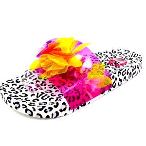 Betsey Johnson,raised 3D pink clear neon floral Dalary Luv Betsey slides sandals